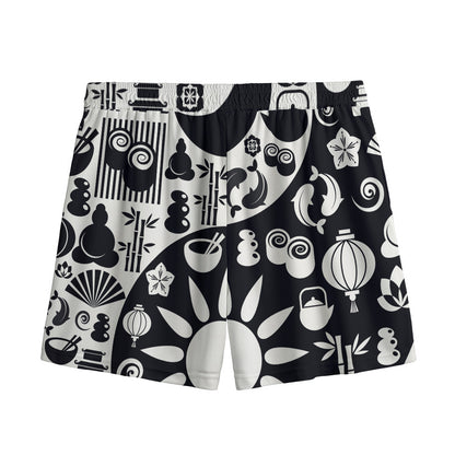 Black And White Japanese Yin Yang Print Mesh Shorts