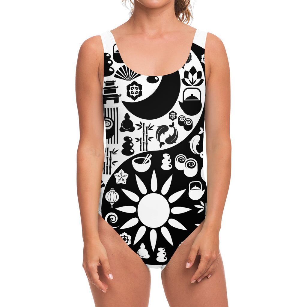 Black And White Japanese Yin Yang Print One Piece Swimsuit