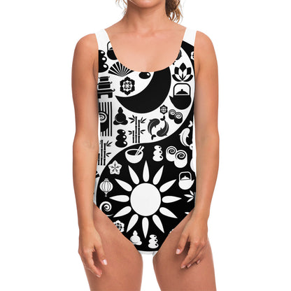 Black And White Japanese Yin Yang Print One Piece Swimsuit
