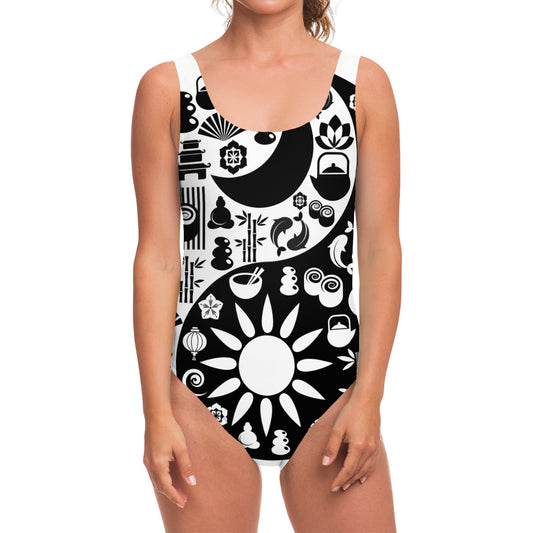 Black And White Japanese Yin Yang Print One Piece Swimsuit