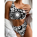 Black And White Japanese Yin Yang Print One Shoulder Bikini Set