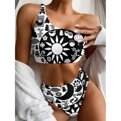 Black And White Japanese Yin Yang Print One Shoulder Bikini Top