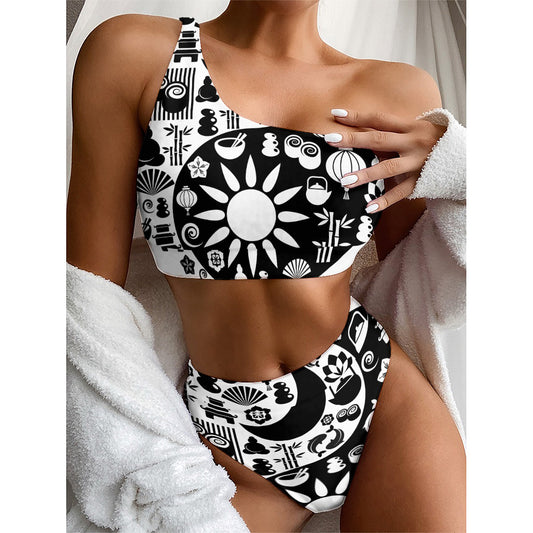 Black And White Japanese Yin Yang Print One Shoulder Bikini Top