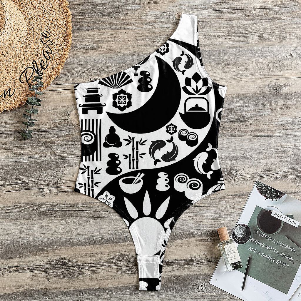 Black And White Japanese Yin Yang Print One Shoulder Bodysuit