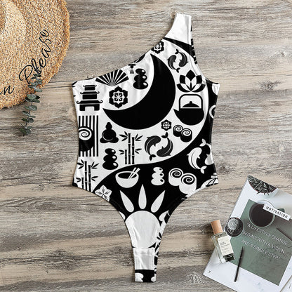 Black And White Japanese Yin Yang Print One Shoulder Bodysuit