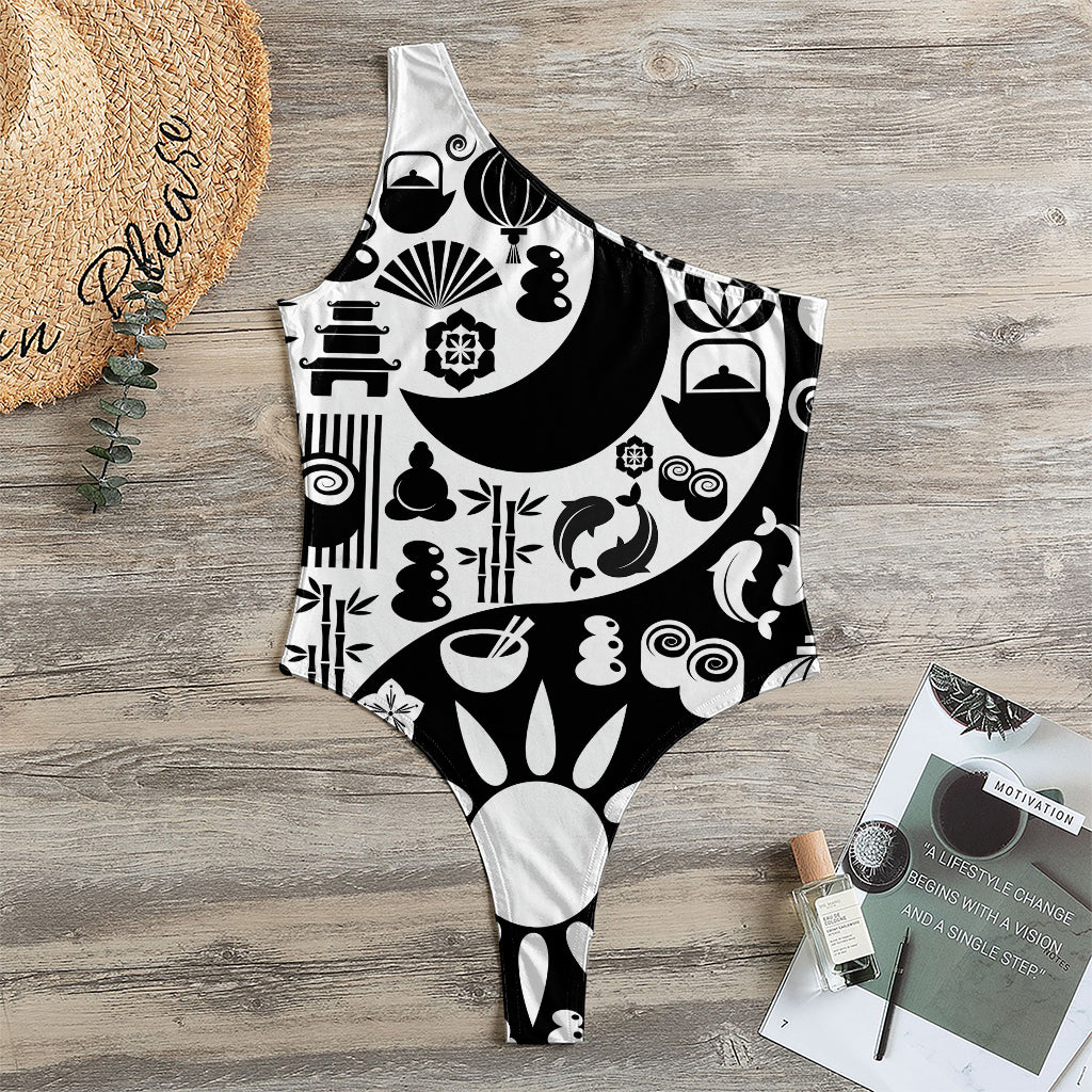 Black And White Japanese Yin Yang Print One Shoulder Bodysuit