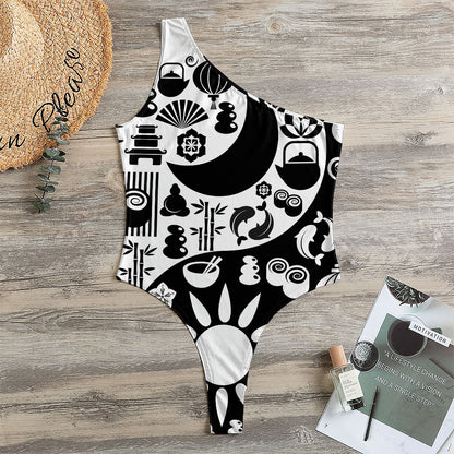 Black And White Japanese Yin Yang Print One Shoulder Bodysuit