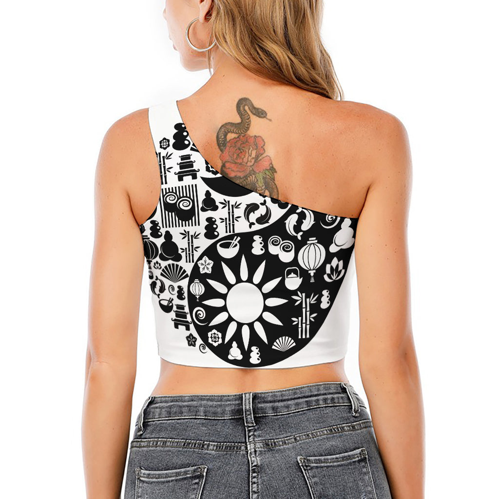 Black And White Japanese Yin Yang Print One Shoulder Crop Top