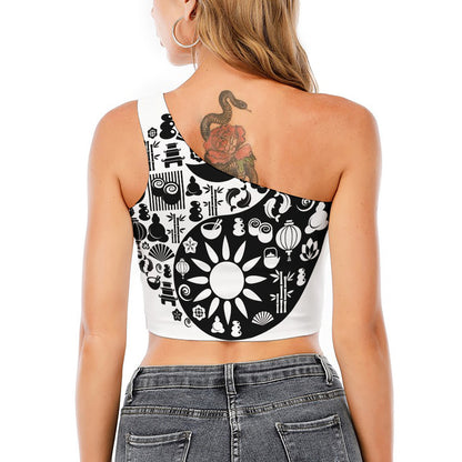 Black And White Japanese Yin Yang Print One Shoulder Crop Top