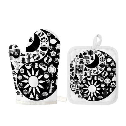 Black And White Japanese Yin Yang Print Oven Mitt And Pot Holder Set
