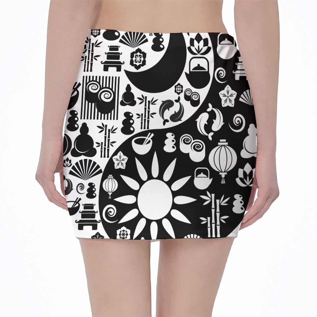Black And White Japanese Yin Yang Print Pencil Mini Skirt