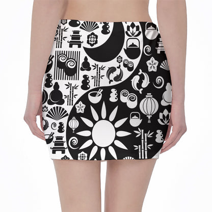 Black And White Japanese Yin Yang Print Pencil Mini Skirt