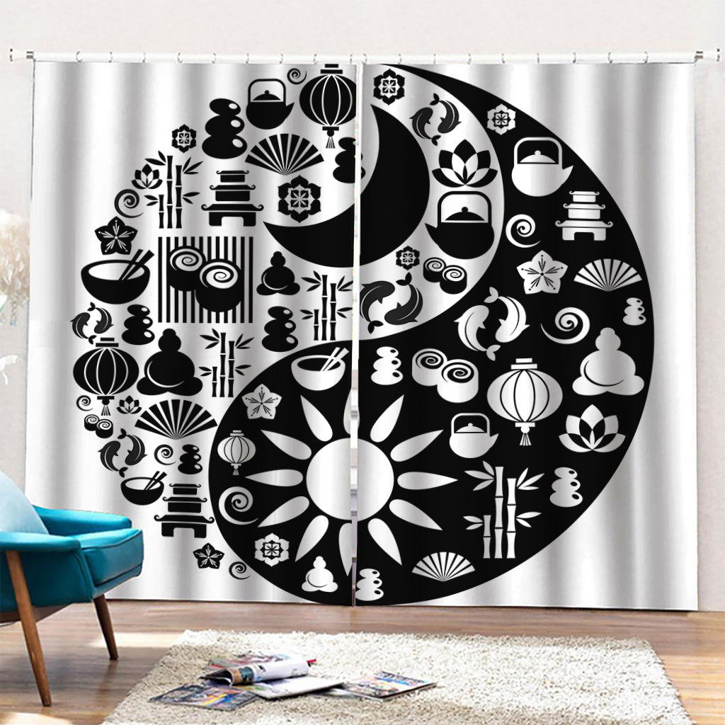Black And White Japanese Yin Yang Print Pencil Pleat Curtains