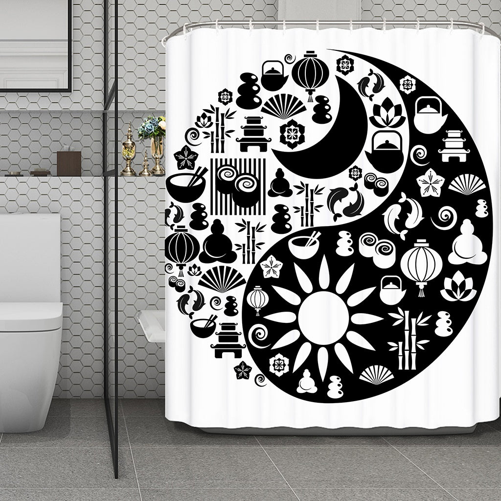 Black And White Japanese Yin Yang Print Polyester Shower Curtain