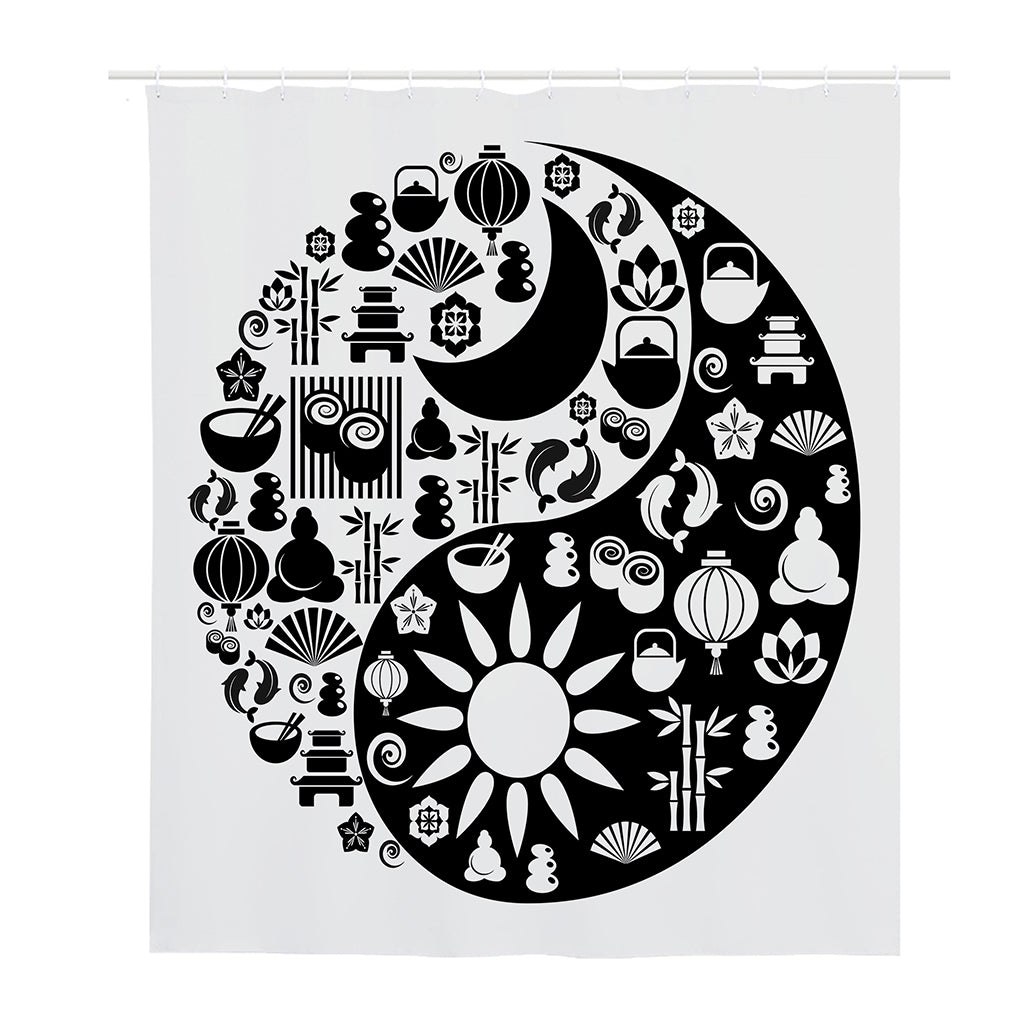 Black And White Japanese Yin Yang Print Polyester Shower Curtain