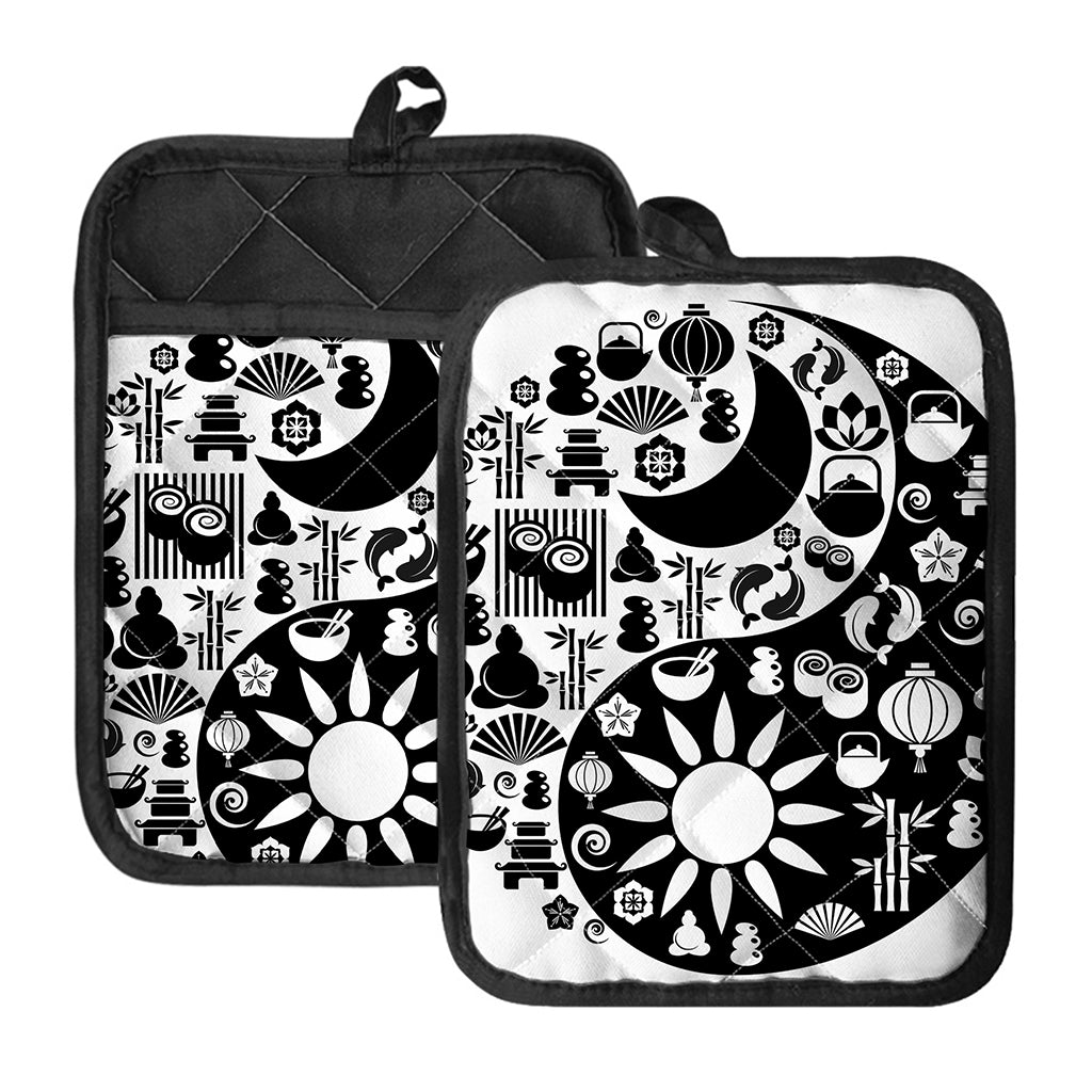Black And White Japanese Yin Yang Print Pot Holders With Pocket