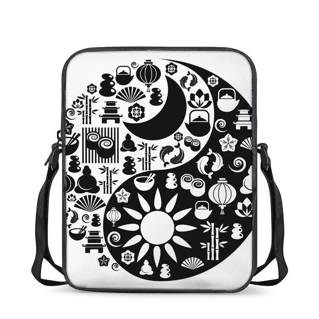 Black And White Japanese Yin Yang Print Rectangular Crossbody Bag