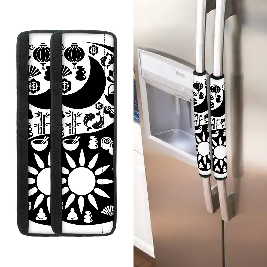 Black And White Japanese Yin Yang Print Refrigerator Handle Covers