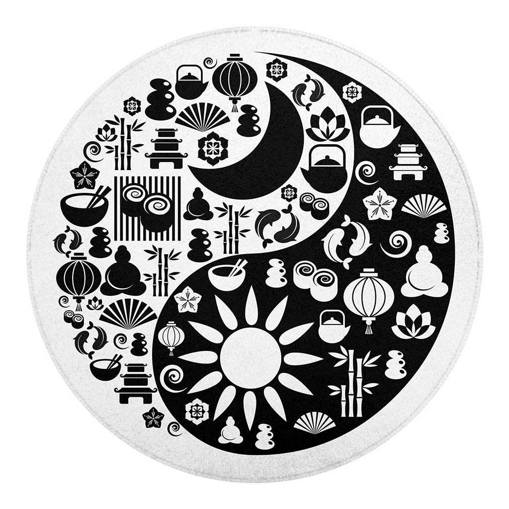 Black And White Japanese Yin Yang Print Round Blanket