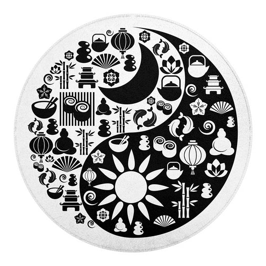 Black And White Japanese Yin Yang Print Round Blanket
