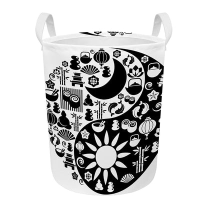 Black And White Japanese Yin Yang Print Round Laundry Basket