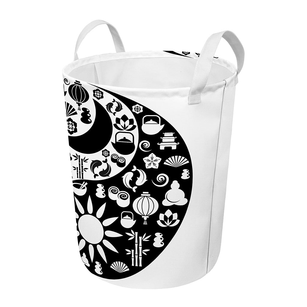 Black And White Japanese Yin Yang Print Round Laundry Basket