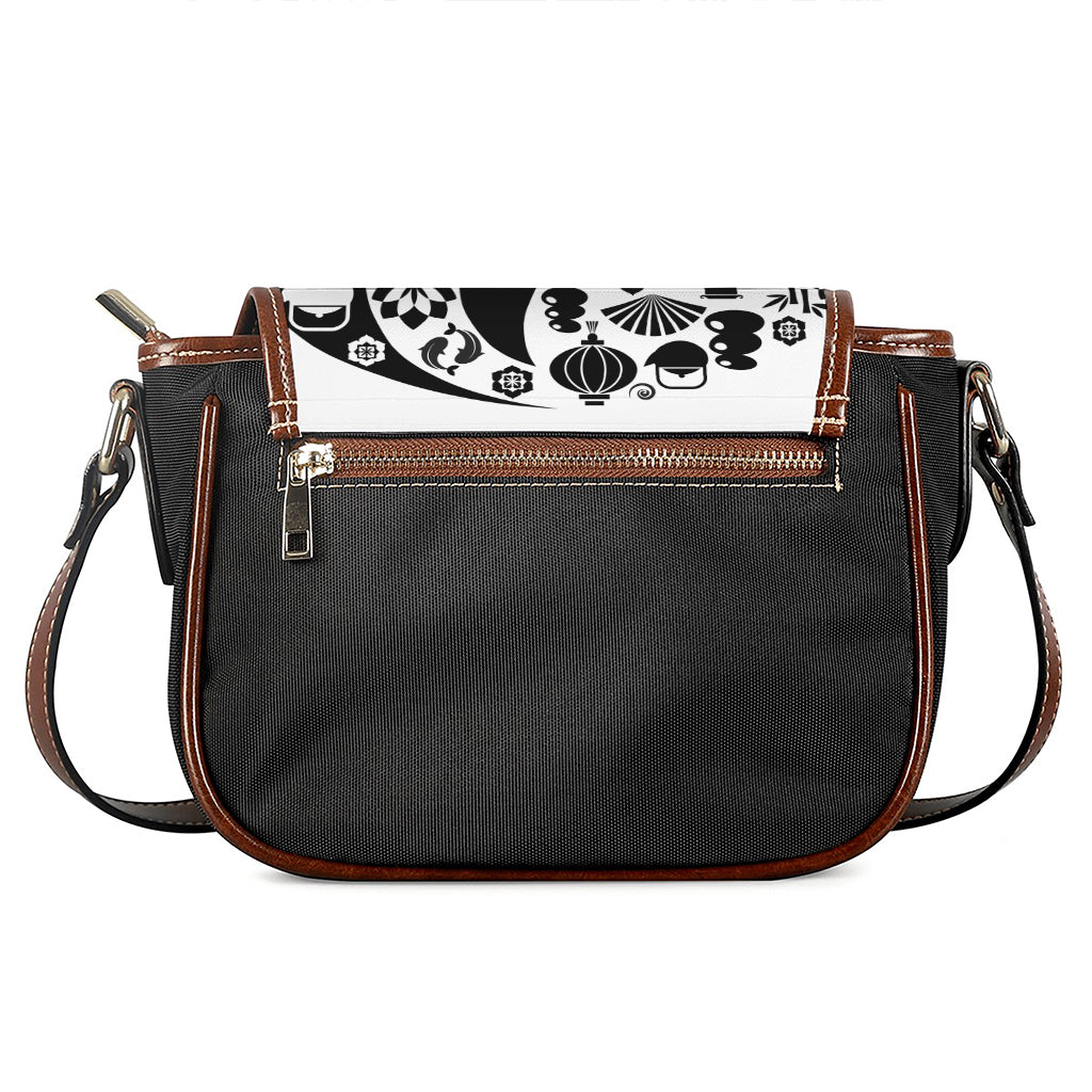 Black And White Japanese Yin Yang Print Saddle Bag