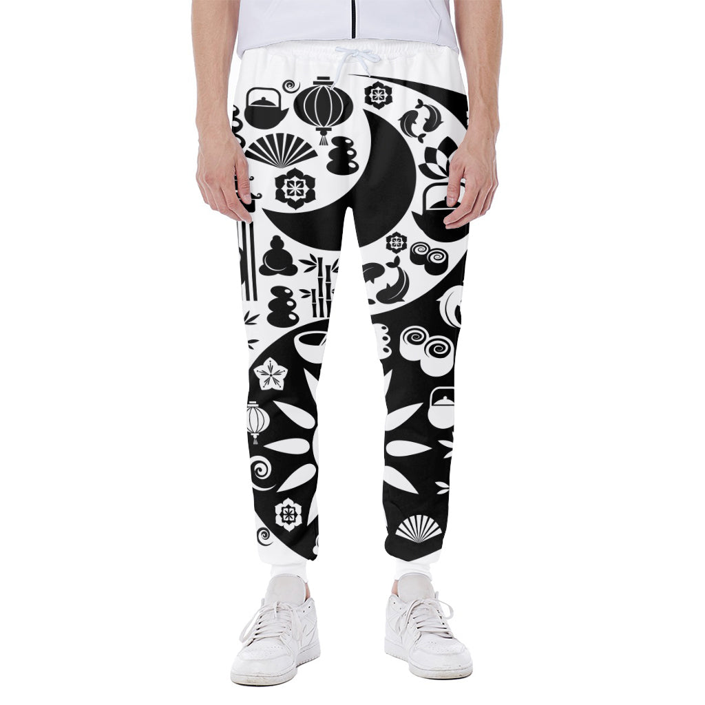 Black And White Japanese Yin Yang Print Scuba Joggers
