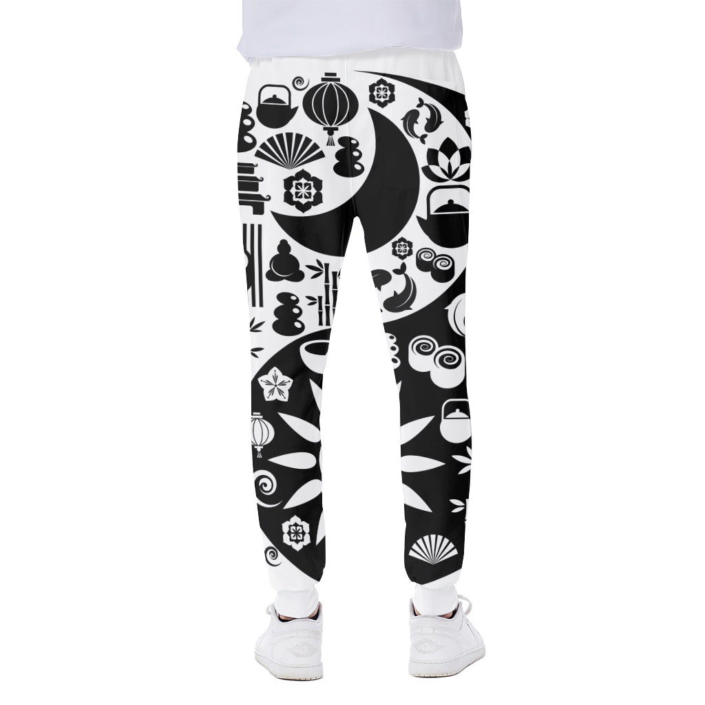 Black And White Japanese Yin Yang Print Scuba Joggers