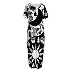Black And White Japanese Yin Yang Print Short Sleeve Long Nightdress