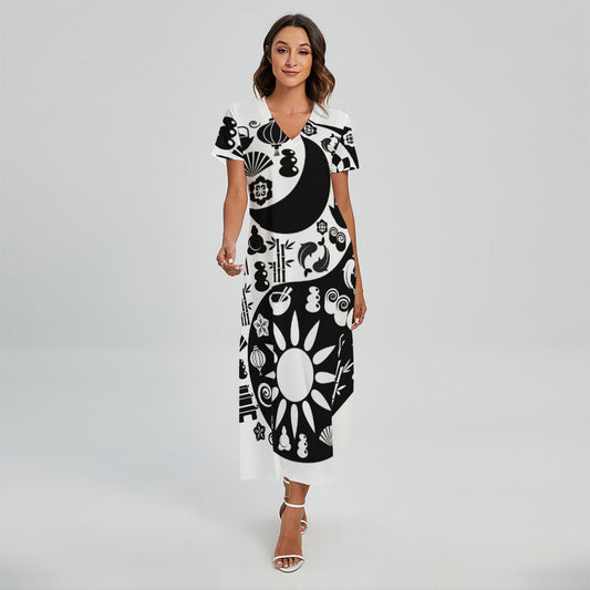 Black And White Japanese Yin Yang Print Short Sleeve Maxi Dress
