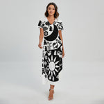 Black And White Japanese Yin Yang Print Short Sleeve Maxi Dress