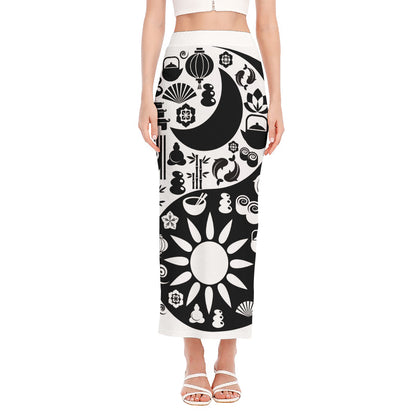 Black And White Japanese Yin Yang Print Side Slit Maxi Skirt