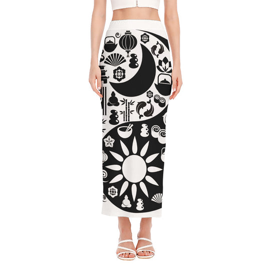 Black And White Japanese Yin Yang Print Side Slit Maxi Skirt