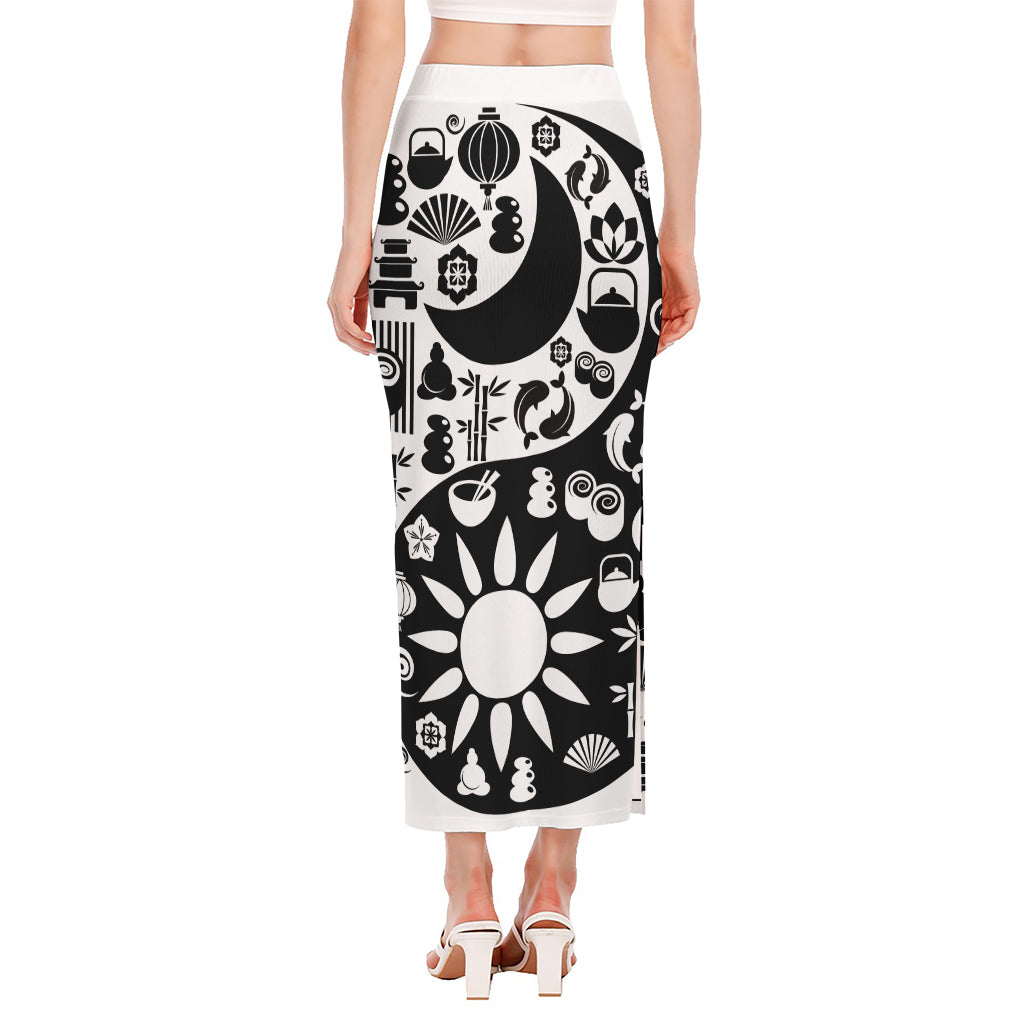 Black And White Japanese Yin Yang Print Side Slit Maxi Skirt