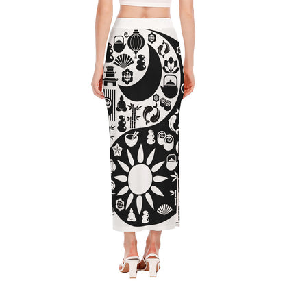 Black And White Japanese Yin Yang Print Side Slit Maxi Skirt