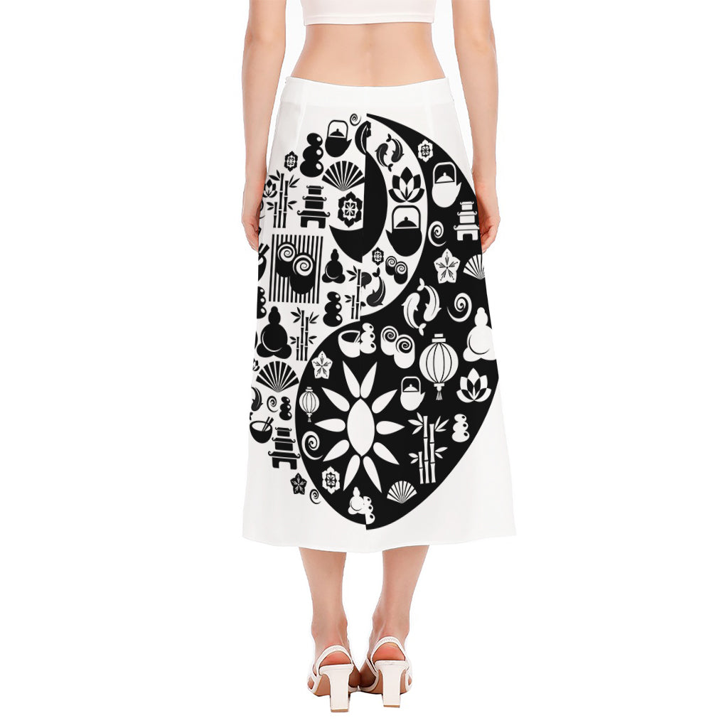 Black And White Japanese Yin Yang Print Side Slit Midi Skirt