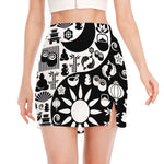 Black And White Japanese Yin Yang Print Side Slit Mini Skirt