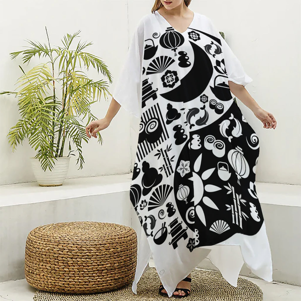 Black And White Japanese Yin Yang Print Silk V-Neck Kaftan Dress