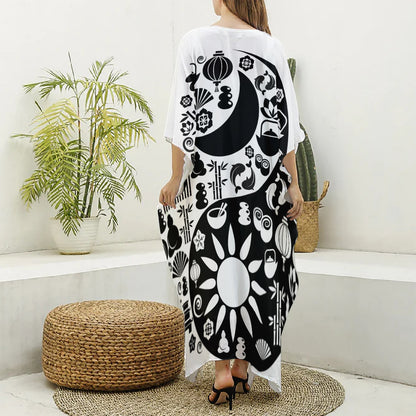 Black And White Japanese Yin Yang Print Silk V-Neck Kaftan Dress