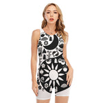 Black And White Japanese Yin Yang Print Sleeveless One Piece Swimsuit