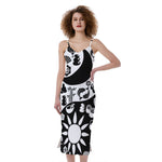 Black And White Japanese Yin Yang Print Slim Fit Midi Cami Dress