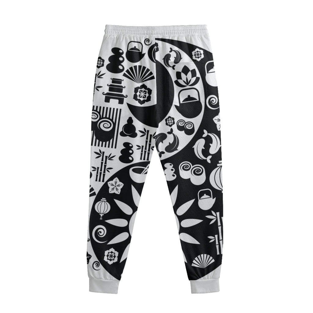 Black And White Japanese Yin Yang Print Sweatpants