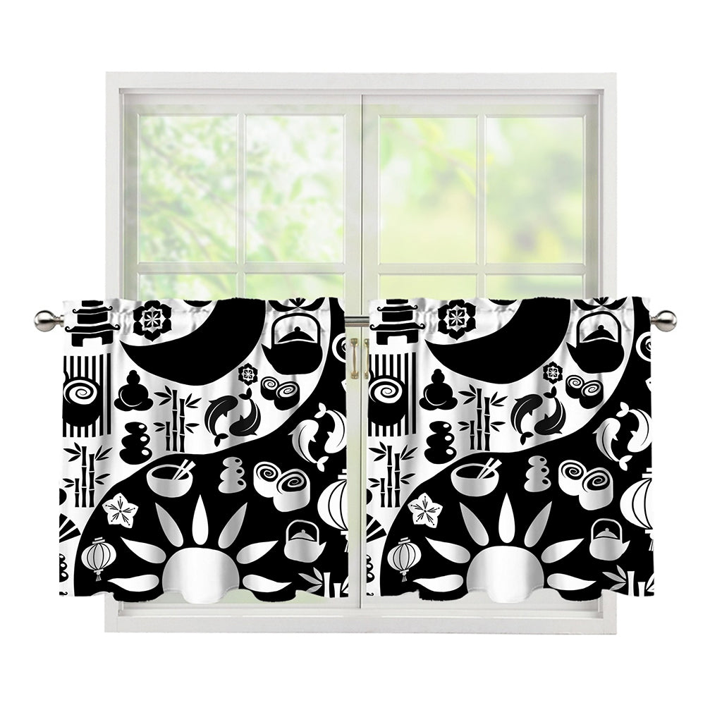 Black And White Japanese Yin Yang Print Tier Curtains