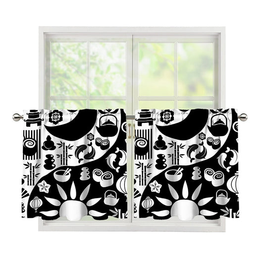 Black And White Japanese Yin Yang Print Tier Curtains