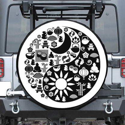 Black And White Japanese Yin Yang Print Tire Cover