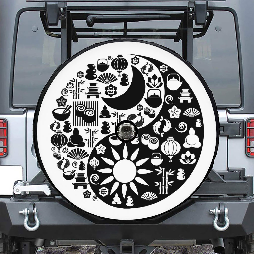 Black And White Japanese Yin Yang Print Tire Cover With Camera Hole