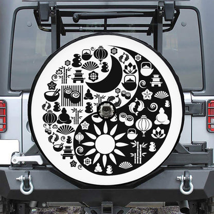 Black And White Japanese Yin Yang Print Tire Cover With Camera Hole