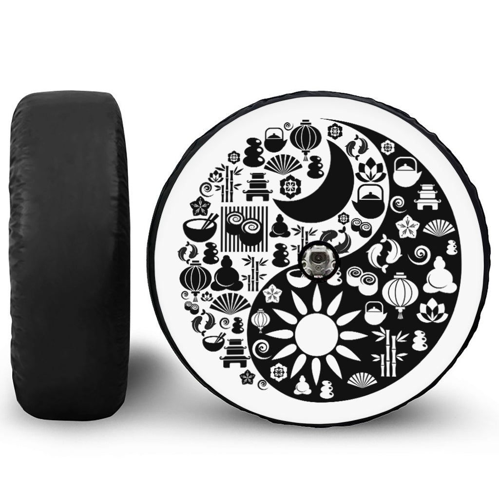 Black And White Japanese Yin Yang Print Tire Cover With Camera Hole