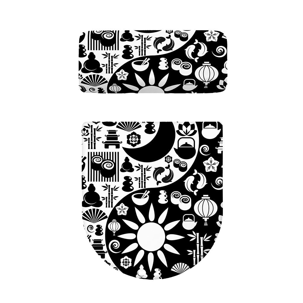 Black And White Japanese Yin Yang Print Toilet Lid And Tank Cover Set